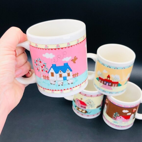 80s Country Cottage Stoneware Coffee Mugs Set of 4 Teachercore Drinkware - Picture 7 of 10